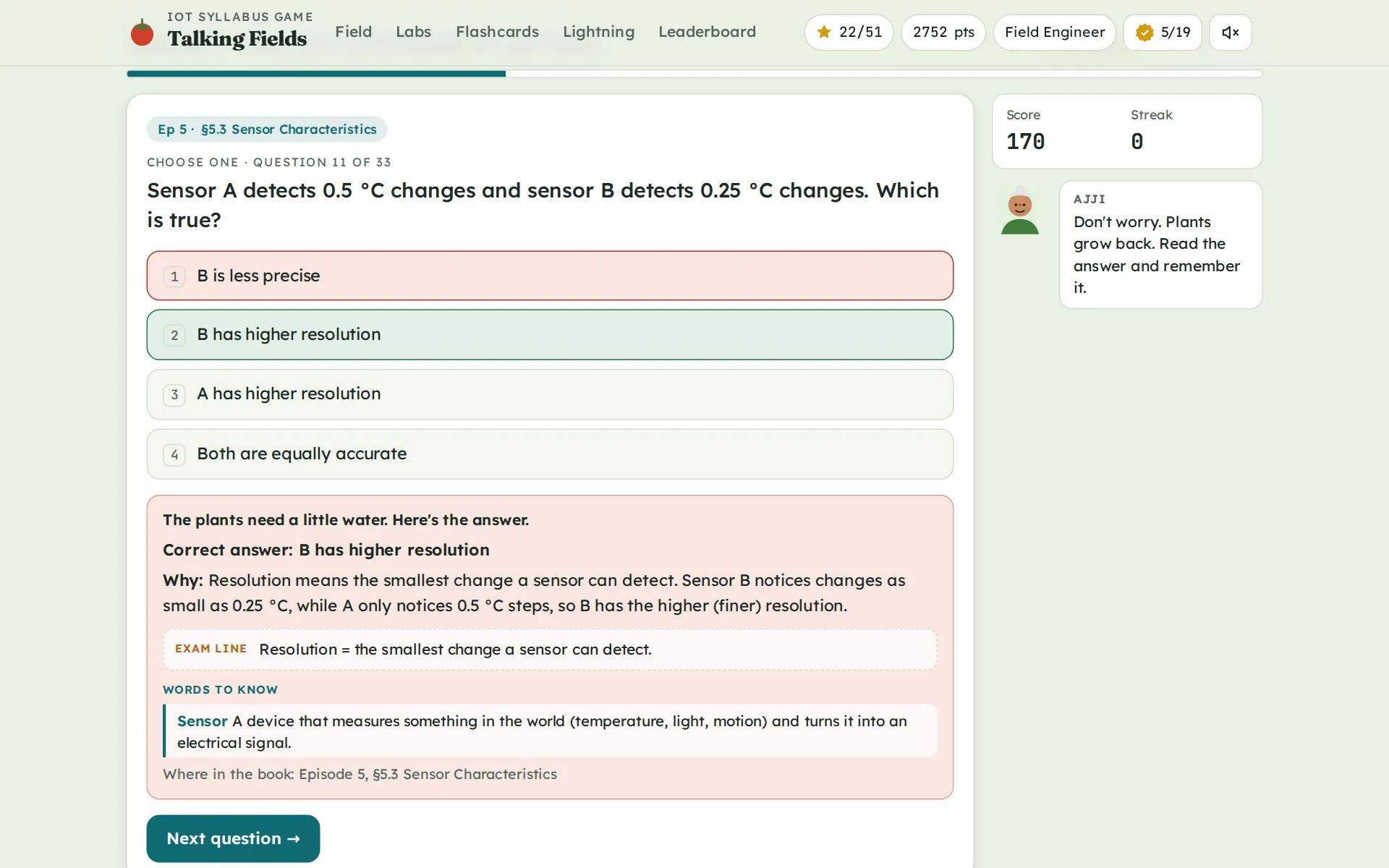 A quiz question with the explanation panel open: the answer, why it is right, the exam line, and the tricky words explained.