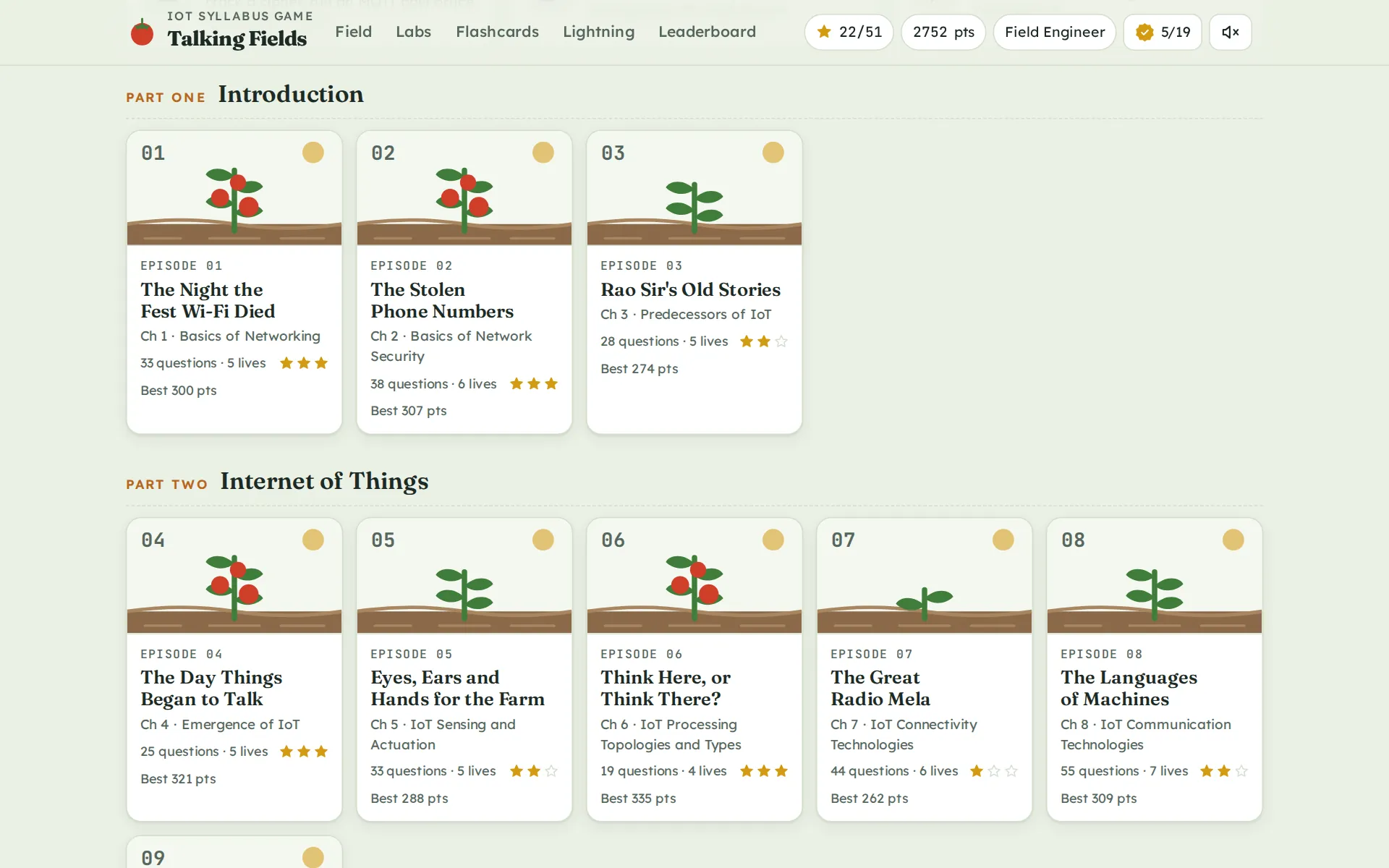The home field: seventeen plots, one per chapter, growing from seed to tomato plant as you earn stars.